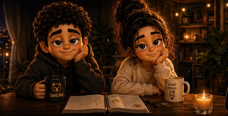 Two Saveling characters at a table with a journal and warm lamp light