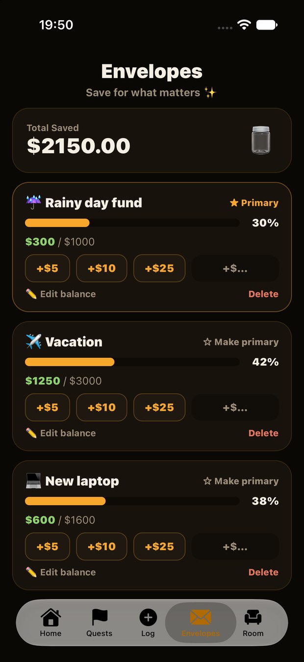 Envelopes screen with savings goals and progress