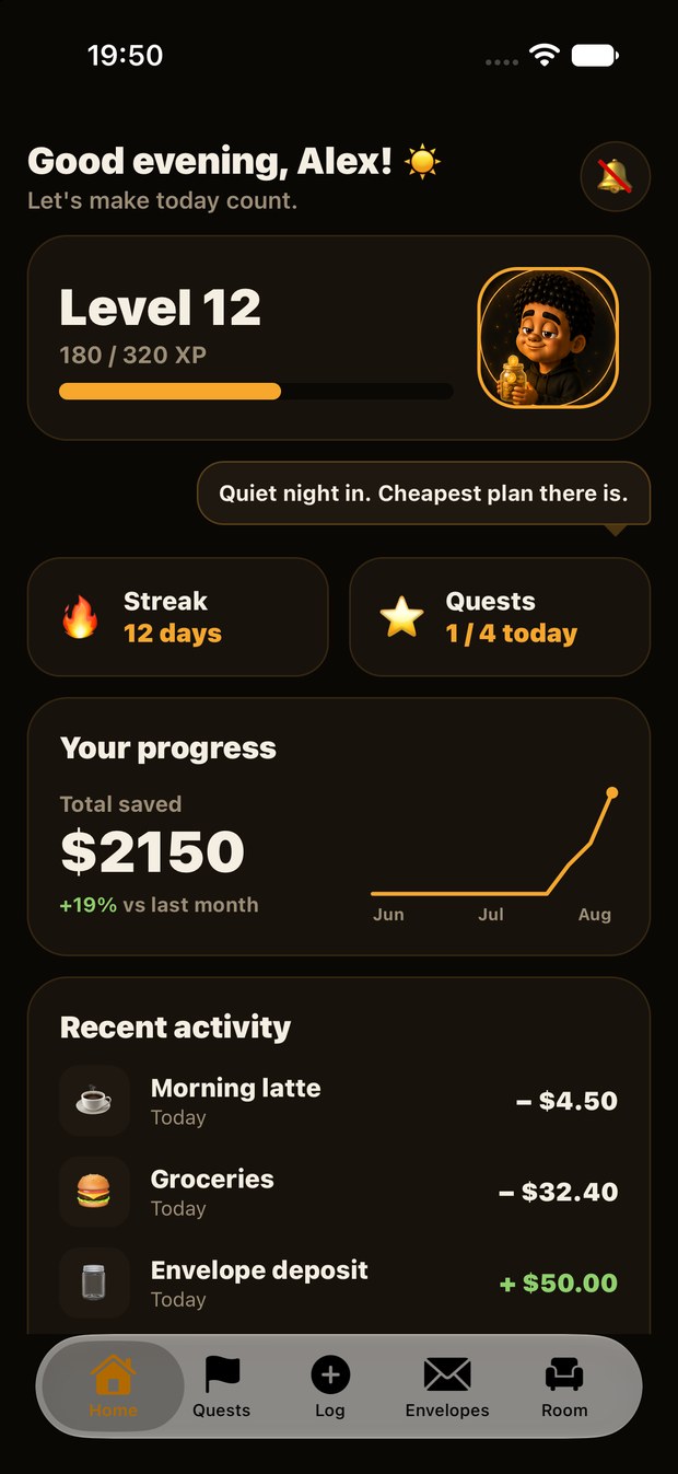 Saveling app home screen showing Level 12, a 12-day streak and total saved